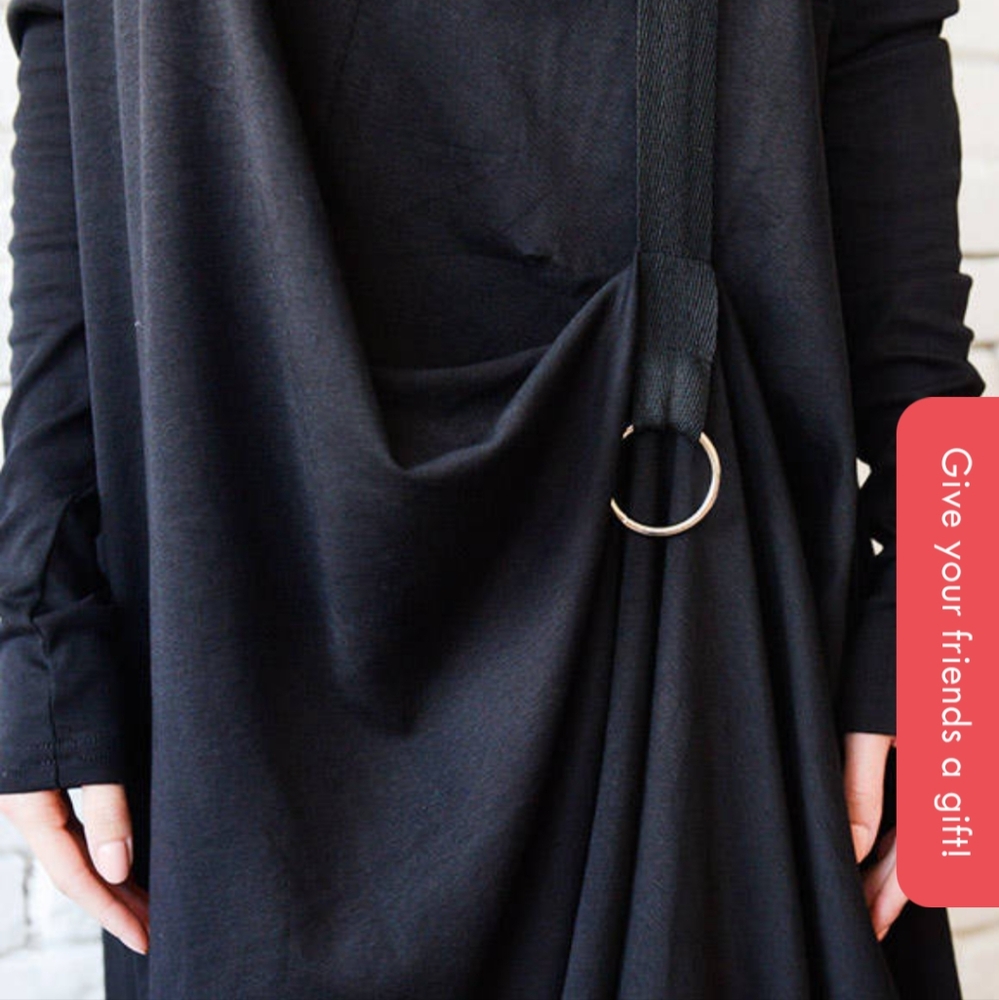 Asymmetrical Black Long-Sleeve Maxi Dress with Ring Detail - Picture 3 of 5